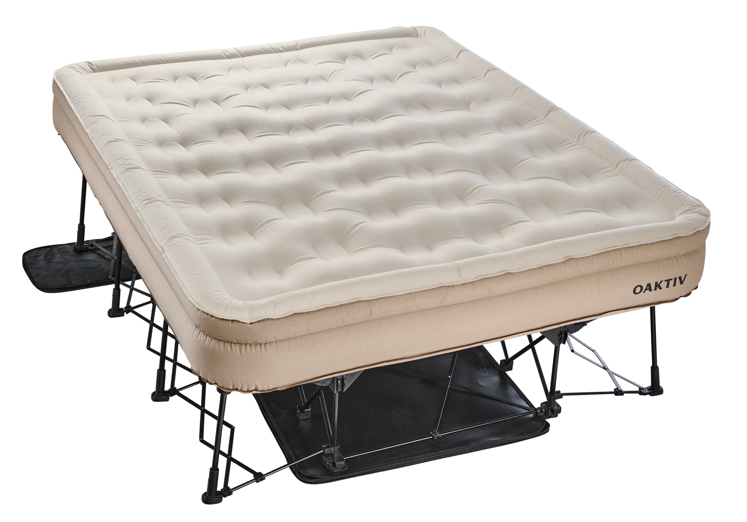 Beige inflatable mattress on a black metal frame with 'OAKTIV' branding.