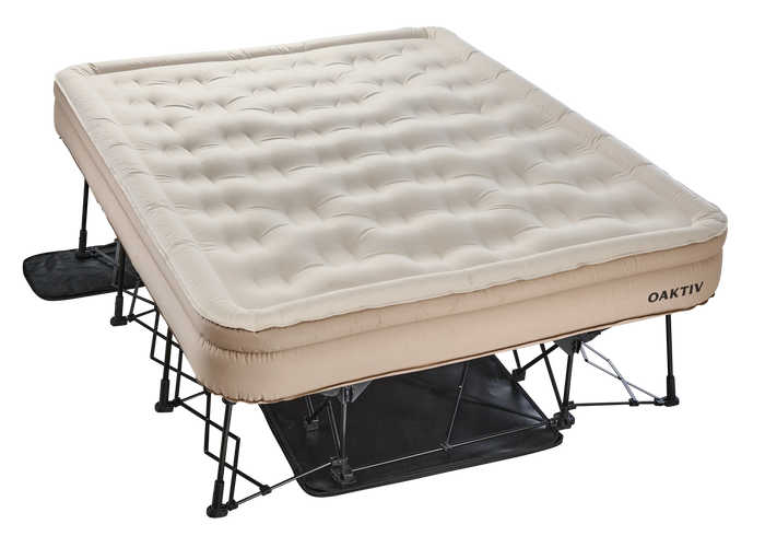 Beige inflatable mattress on a black metal frame with 'OAKTIV' branding.