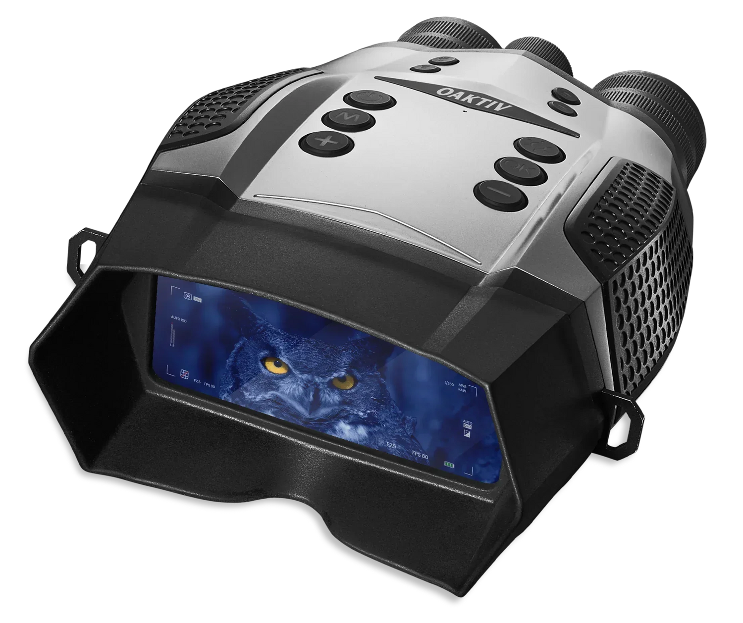 Digital night vision device with screen displaying an owl, on a white background