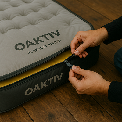Person zipping up a gray Oaktiv Peakrest Airbed on a wooden floor
