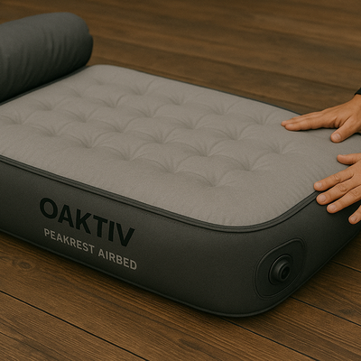 Oaktiv Peakrest Airbed on a wooden floor with a hand touching it