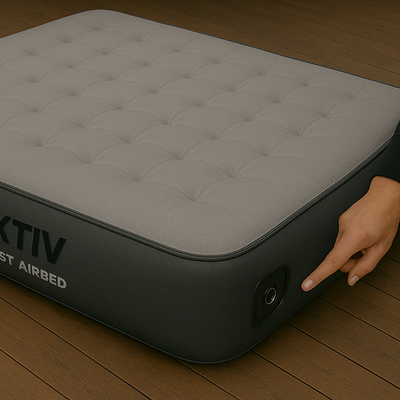 Inflatable air mattress with a hand pressing a button on a wooden floor