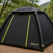 Black tent with yellow zippers in a forest setting