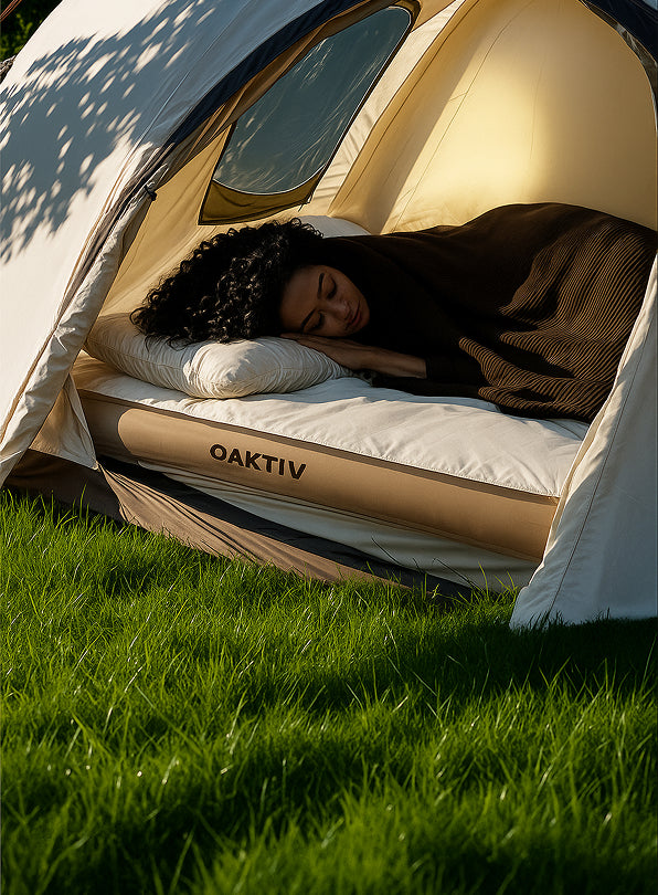 Person sleeping inside a tent with 'Oaktiv' branding on a grassy area
