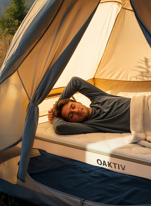 Person lying inside a tent with 'OAKTIV' branding on a mattress