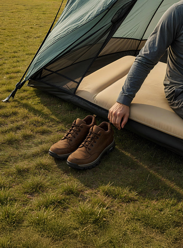 Person sitting on a camping mattress next to a tent with brown shoes on grass